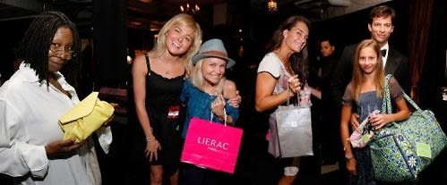 Host Whoopi Goldberg with Carlos Falchi clutch bag; “Legally Blonde” star Laura Bell Bundy and “Pushing Daisies” star Kristen Chenowith at Lierac Paris; “Lipstick Jungle” Brooke Shields at Pureology; Harry Connick Jr. and daughter Georgia with Vera Bradley duffle-bag;