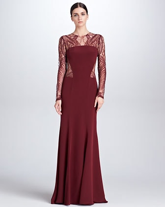 Monique Lhuillier Lace-Detail Long-Sleeve Crepe Gown