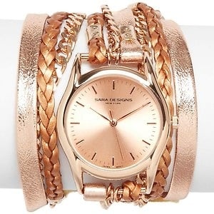 Sara Designs Metallic Leather & Chain Wrap Watch