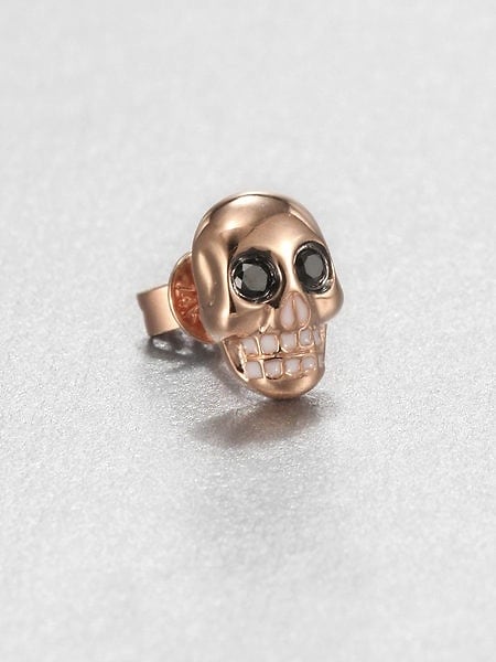 Black Diamond & 14K Rose Gold Skull Single Stud Earring