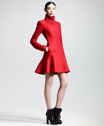 Alexander McQueen Crepe Wool Flounce-Hem Dress Coat 