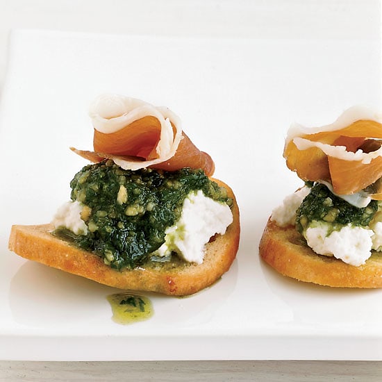 Bagel Chips with Ricotta, Chive Puree and Prosciutto