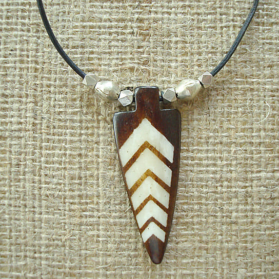 Hand-carved African Bone Arrowhead and Leather Necklace with African Silver Beads