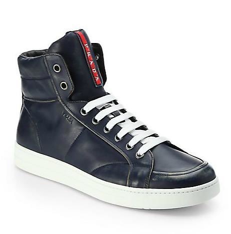 Prada Leather Lace-Up High-Top Sneakers
