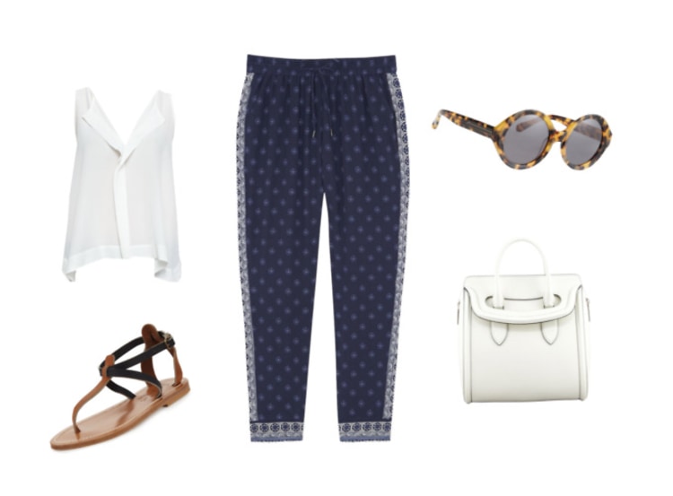 Joie Ferina Printed Silk Trousers, Floral Medallion-Print Pants, Karen Walker Number Six, Alexander McQueen Heroine Flap-Top Tote Bag, Alice And Olivia Sleeveless High-Low Top, K Jacques Buffon Two-Tone Thong Sandal