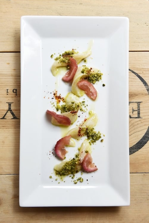 Daurade Crudo in Lemon & Pistachio Oil with Toasted Pistachios & Pickled Figs