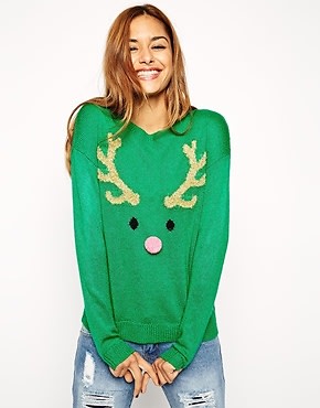 ASOS Holidays Sweater With Reindeer Face And Pom Pom