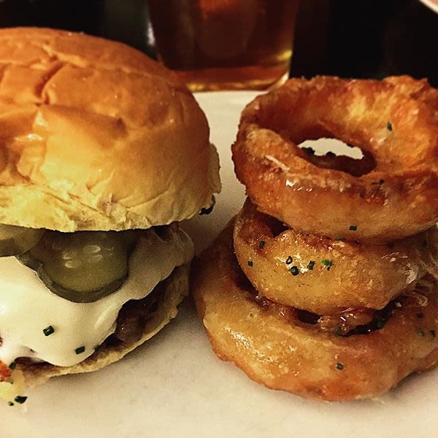 Alder Burger with French Onion Soup Onion Rings